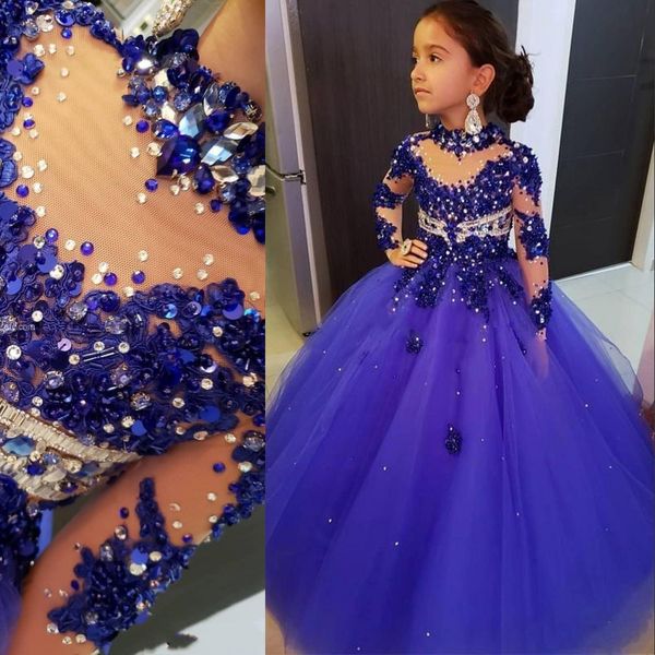

royal blue ball gown girls pageant dresses high neck long sleeves lace appliques crystal beads kids formal prom toddler first communion gown, White;red