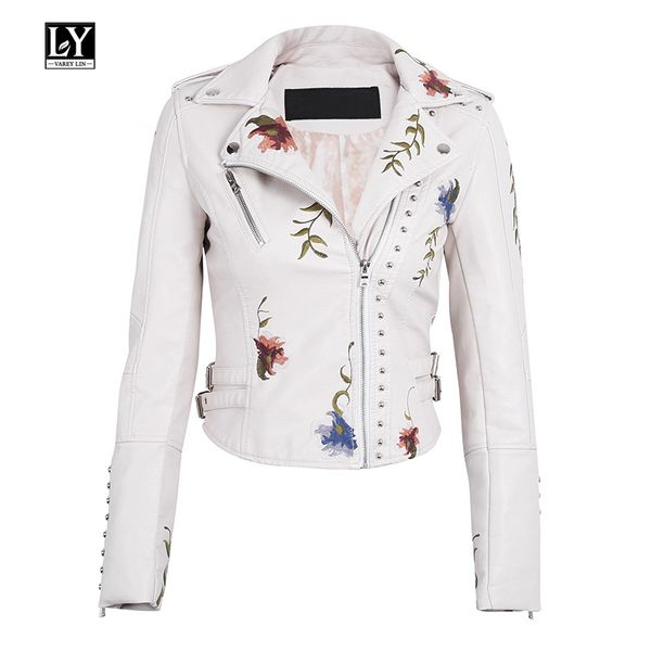 

ly varey lin faux soft leather jacket women embroidery floral faux leather jacket pu motorcycle epaulet zipper punk outerwear, Black