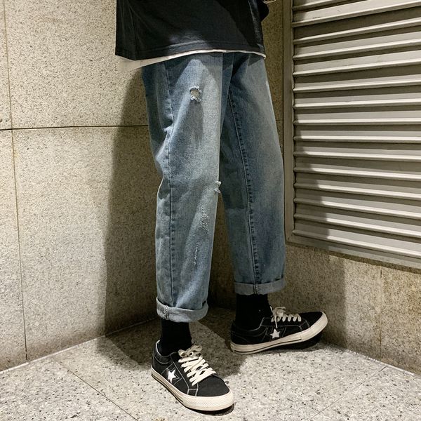 

wholesale 2020 denim jeans men's straight brand wide leg daddy pants loose retro washed casual ankle length long jeans men, Blue