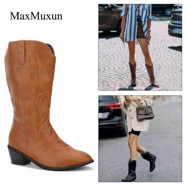 

maxmuxun knee high western cowboy boots national retro style pointed square root totem sewing thread women's shoes, Black