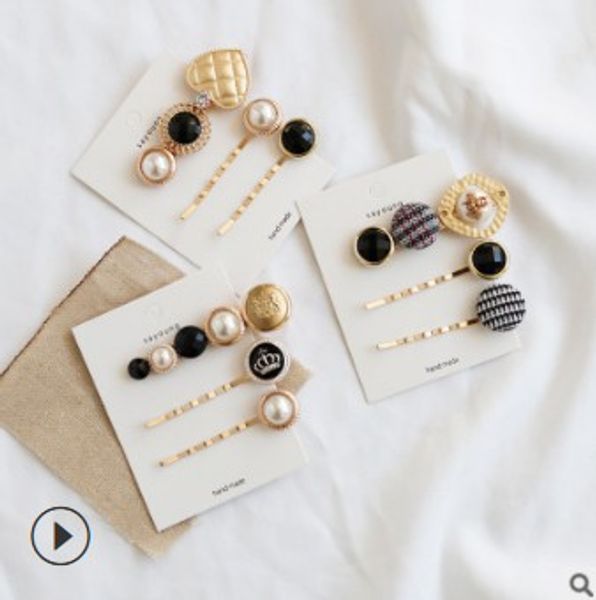 Diy Simple Multi Houndstooth Hairpins Suit Button Pearl Hair Side