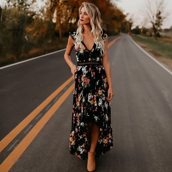

Maxi Irregular Club Dress Women Fashion Summer Boho Floral Print V-Neck Hem Dresses Holiday Bohemia Long Women Dress S-2XL