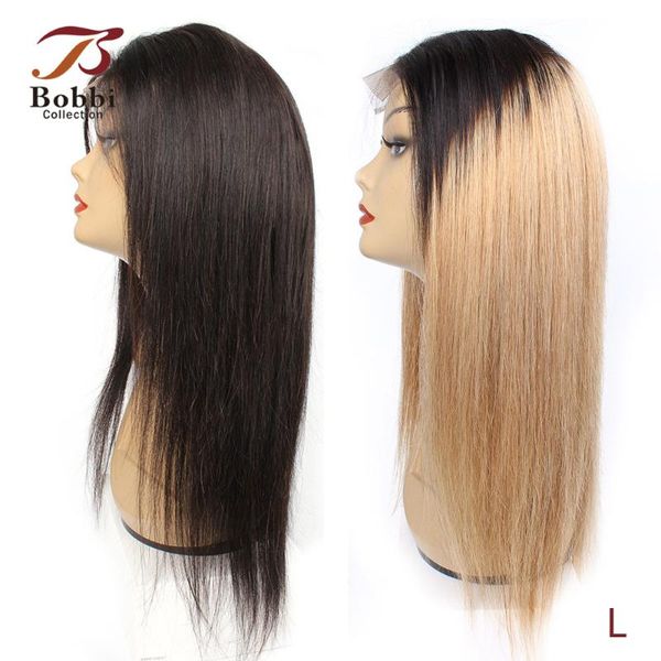 

bobbicollection 4x4 lace front human hair wig 1b/27 ombre honey blonde pre-plucked 150% density straight brazilian non-remy hair, Black;brown