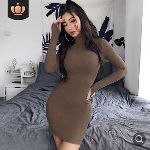 

2019 осени нижней юбки новых женщин европейские и американское твердые сексуальное платье с длинным рукавом платья высокой шеи, Black;gray