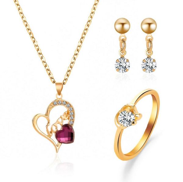 

jewelry sets earring ring necklace love letter heart shape purple white crystal setting gold color plated metal chain, Silver