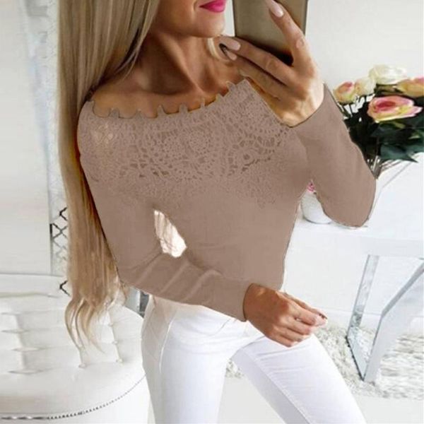 

ladies slim off shoulder solid fashion soft casual elegant lace t-shirt women strapless autumn long sleeve, White