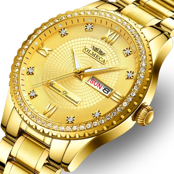 

men's gold watch brand olmeca luxury men besiness quartz wristwatch waterproof date week mens fashion clock relogio masculino, Slivery;brown