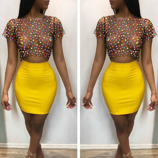 

summer women two pieces dot print mesh short t-shirt indie fork slim elegant mini skirt sets festival clothing 2019 x1, Gray