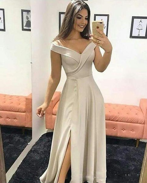 

simple off shoulder v neck evening party gowns a line side split long prom dresses for women, Black;red