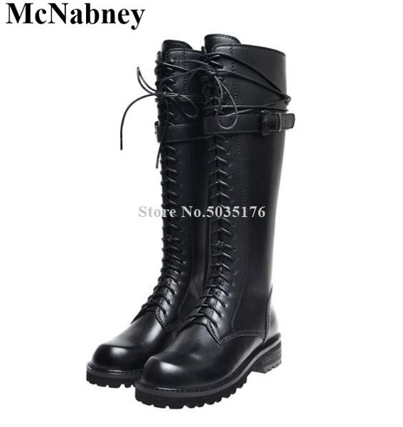 

mcnabney women long boots cross-tied buckle side zipper round toe knee high ladies boots thick heel fashion solid women shoes, Black