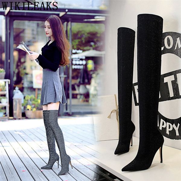 

glitter boots pointed high heels boots women shoes woman stiletto thigh high bigtree shoes botines mujer 2019 botas mujer, Black