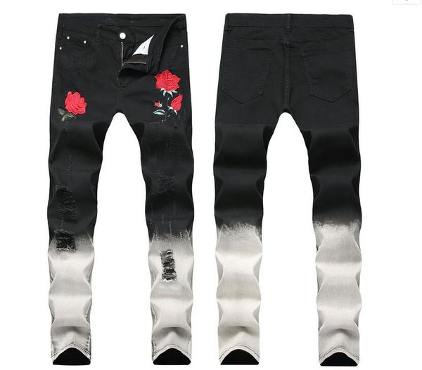 Compre Negro Blanco Jeans Rotos Hombres Flores Rosa Bordado