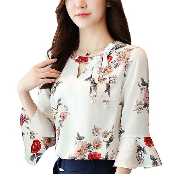 

women blouses womens clothing new flower printing shirt flare sleeve flutter sleeve chiffon casual v collar bow women blusas d278 30, White