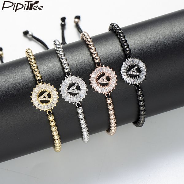 

pipitree copper white cubic zirconia 26 alphabet initial bracelets for women men 4mm beads braiding bracelet letters a-s jewelry, Golden;silver