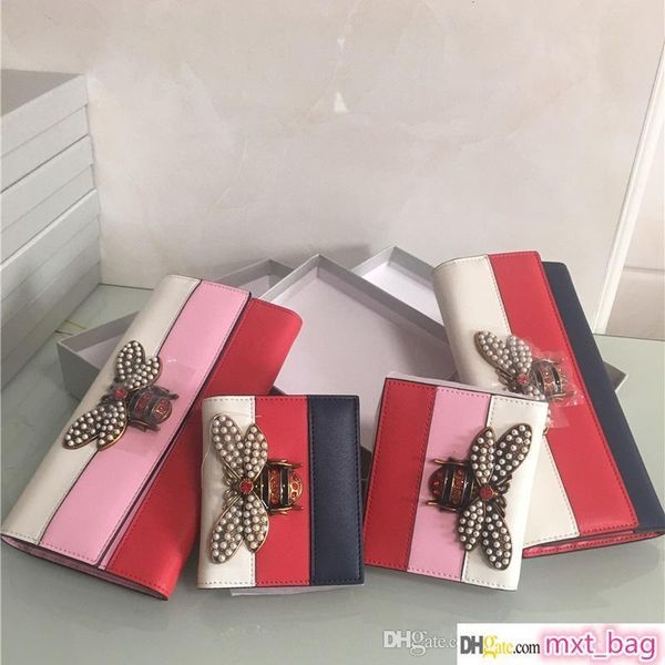 

2019 women designer genuine leather wallet famous brands bee purse ladies short leather wallet luxury female tri-color purse with gift box