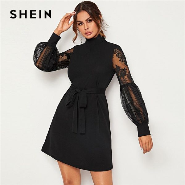 

shein high neck contrast lace lantern sleeve elegant dress with belt women autumn fashion high waist ladies a line short dresses, Black;gray