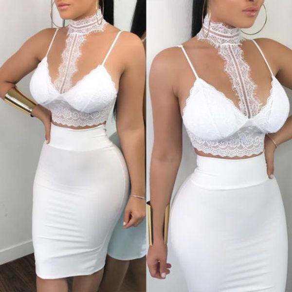 

women ladies 2 piece lace bodycon two piece outfits sleeveless shirt crop skinny skirt set bandage party clothing, Gray