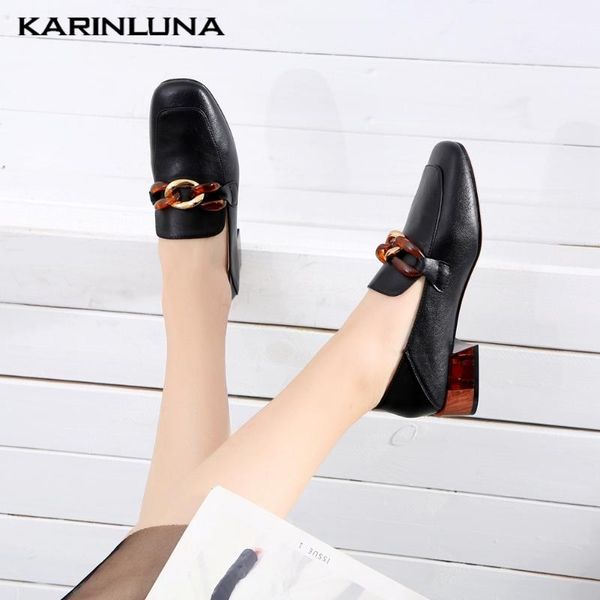

karin brand new fashion square toe chunky heels genuine leather women's shoes skin pumps, Black