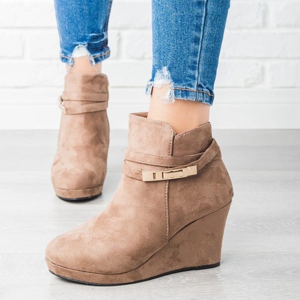 

2020 wedges boot high heels women ankle boots round toe footwear warm platform female boot wedges shoes woman winter black