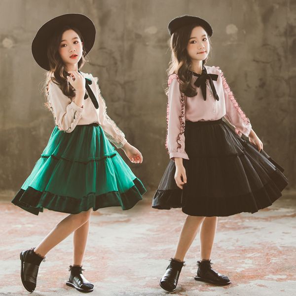 

clothes for girl 2019 kids spring new korean girls shirt + mesh skirt suit personality beautiful princess two-piece 4-12 year, White