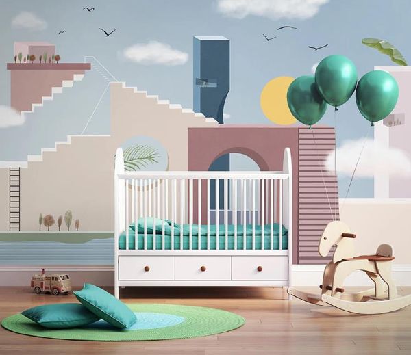 

3d simple nordic cartoon hand-painted creative architecture wall mural children kids bedroom wall painting modern wallpapers