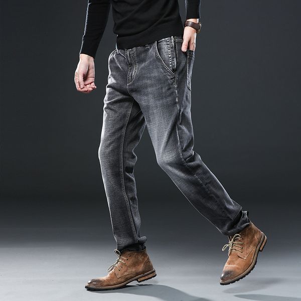 

2019 autumn winter new men's brand jeans loose straight elastic anti-theft zipper denim pants male big size 40 42 44 46 48, Blue