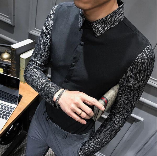 

new fake two pieces men's clothing male fashion hairdresser colour collision long sleeve shirts men casual ,l,xl,2xl,3xl, White;black