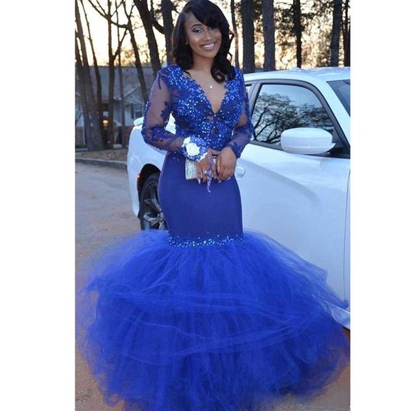 

vintage royal blue mermaid prom dresses with full sleeve deep v neck appliques puffy bottom africa dress plus size satin evening party gowns, Black