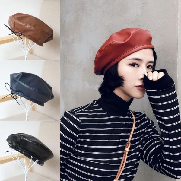 

women fashion vintage berets flat caps pu leather female spring winter fashion bonnet girls beanie walking hat, Blue;gray