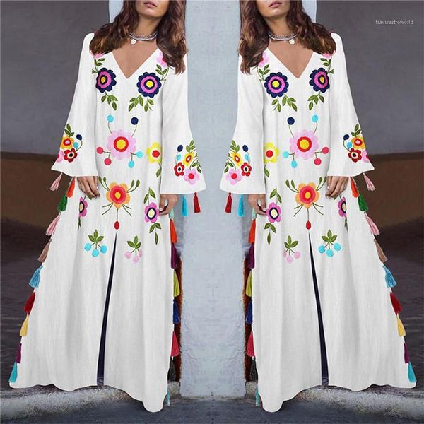 

дизайнер вскользь способа печати длина кисточкой bohemian платья сыпучие белл рукава пол женской одежды женщин, Black;gray