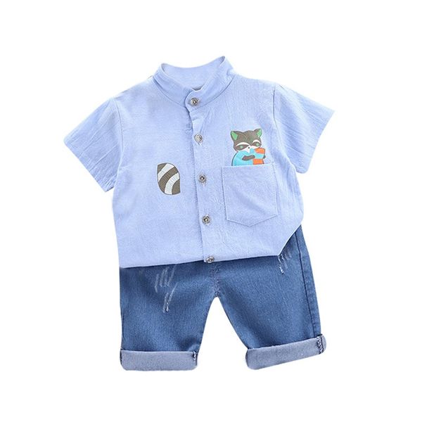 

2019 children summer 2pcs set toddler boy cartoon animal print blouse shirt+denim shorts outfits clothes 1-4t, White