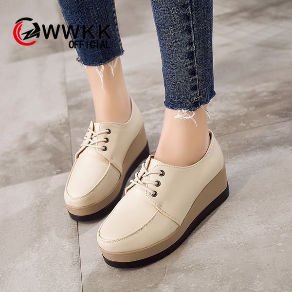 

wwkk autumn women flat platform shoes woman brogue patent leather lace up footwear female flat oxford shoes for women creepers, Black