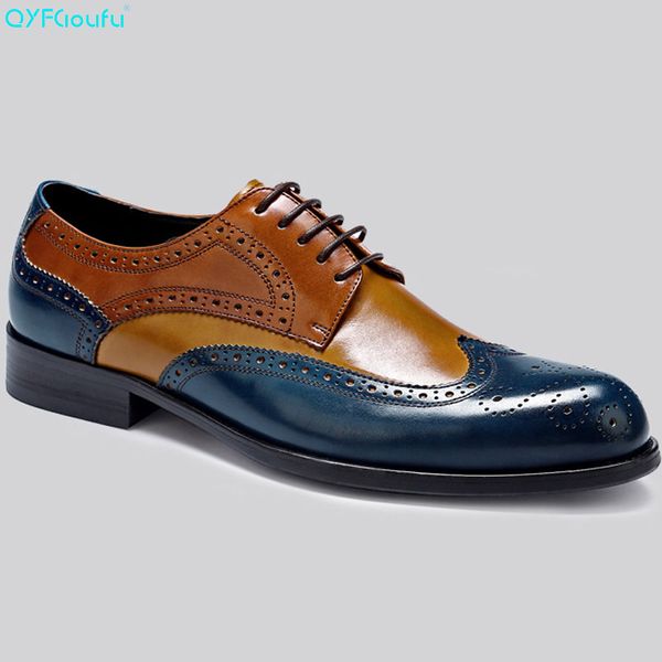 

qyfcioufu italian luxury men formal brogue shoes genuine leather quality cow leather blue retro two colors lace up dress shoes, Black