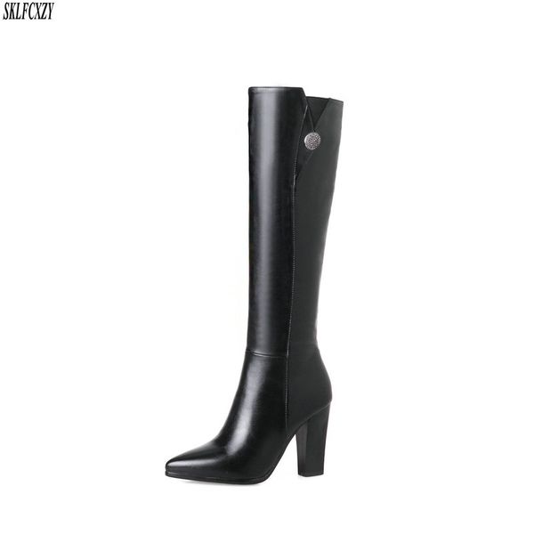 

sklfcxzy new fashion autumn leather knee-length warm women boots high-heeled women boots cowhide shoes size 34-43, Black