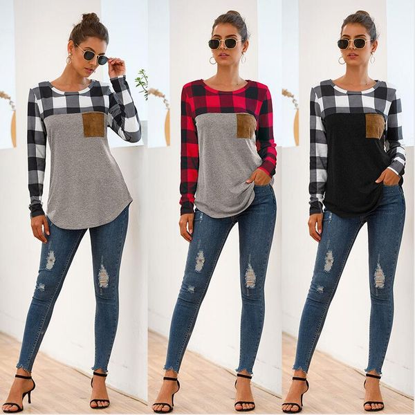 

women plaid splicing t-shirt female crew neck long sleeve checked patchwork pullover tees with pocket lady shirt spring clothes d21706, White