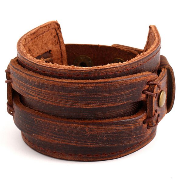 

brown leather braclet male retro handmade wide wrap cuff men bracelets jewelry bangles wholesale, Golden;silver