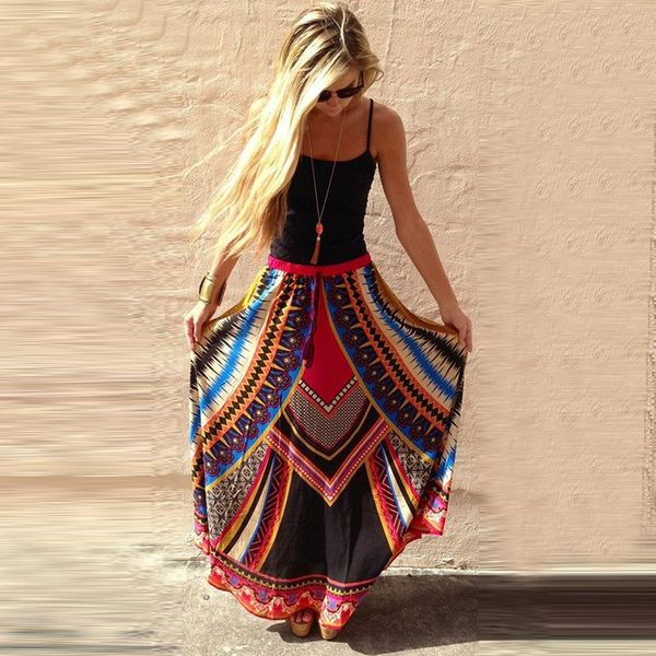 

european vintage national high waist printing long skirt boho beach casual maxi skirts women summer jupe femme, Black