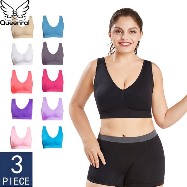 

queenral dropshipping vip 3pcs/lot seamless bra with pads plus size bras for women brassiere big size vest wireless bh 5xl 6xl, Red;black