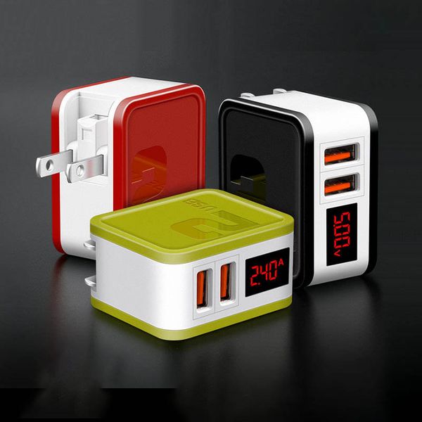 

5v/2.4a dual usb charging plug head universal mobile phone direct chargers digital display folding charger for us 3 colors