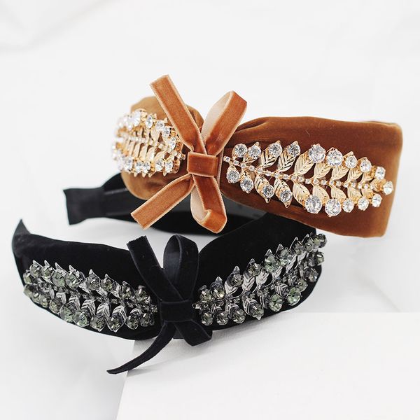 

2020 new fahsionexquisite luxury baroque style bow crystal inlaid leaves women vintage headbands hair jewelry accessories tiara, Golden;white
