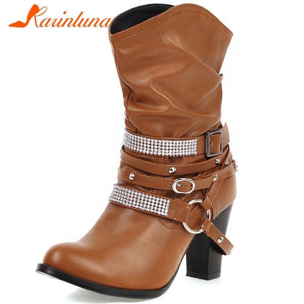 

karin 2020 dropship plus size 33-48 wholesale chunky high heels mid calf boots woman shoes add fur winter shoes women boots, Black