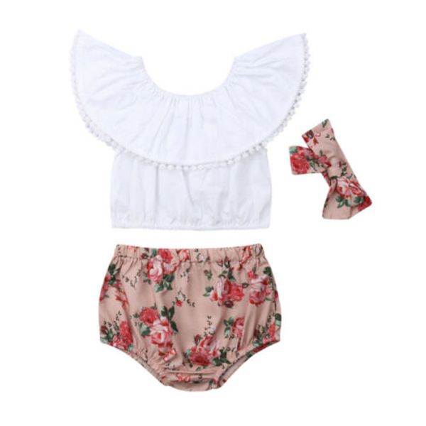 

toddler newborn kids baby bibs girl 3pcs clothes ruffle solid crop floral printing shorts rose headband summer outfits set, Pink;blue