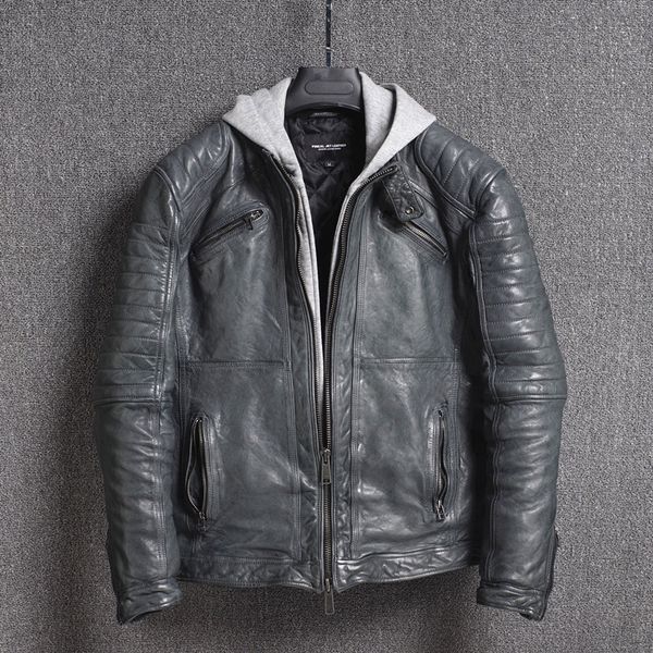 

2020 из натуральной кожи куртки мужчин урожая дубленка корейских мотоциклы куртки весна осень с капюшоном весте cuir homme kj4127, Black