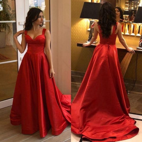 

charming a line satin red prom dresses sweep train zipper back spaghetti strap formal prom gowns, Black