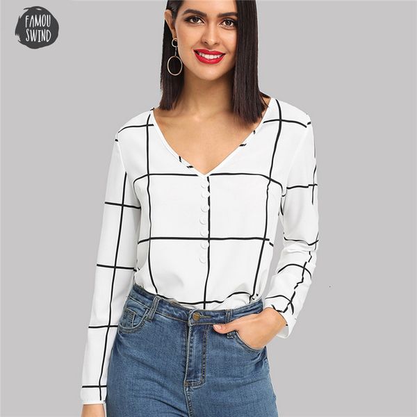 

черный блузку и белые кружева управление леди кнопки на передней панели v шеи длинным рукавом плед осень workwear женщины топы и блузки, White