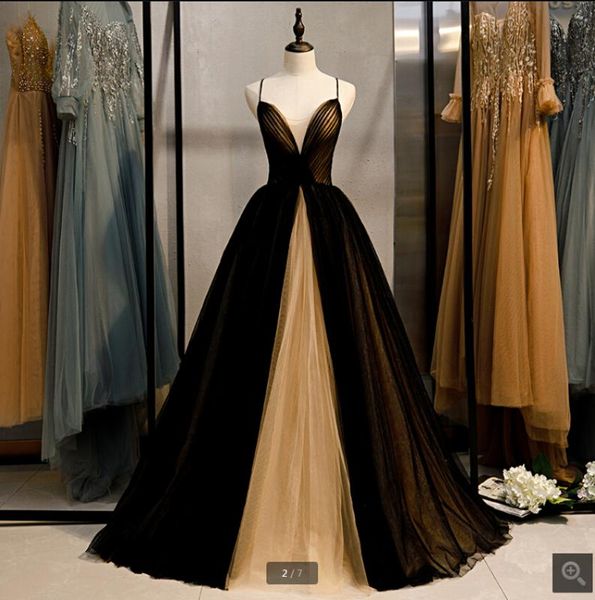 

vestido de festa black gold a line spaghetti straps prom dress floor length v neckline pleated corset prom gowns party dress, White;black