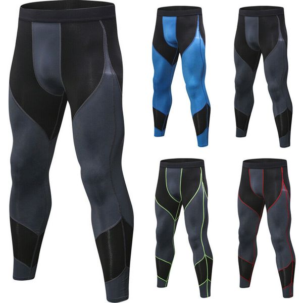 

men fitness athletic sweatpants spliced color sports trousers quick dry, Black