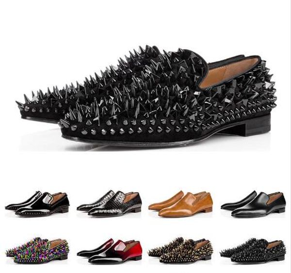 

fashion designer mens shoes loafers black red spike patent leather slip on dress wedding flats bottoms shoe for business party size 39-47