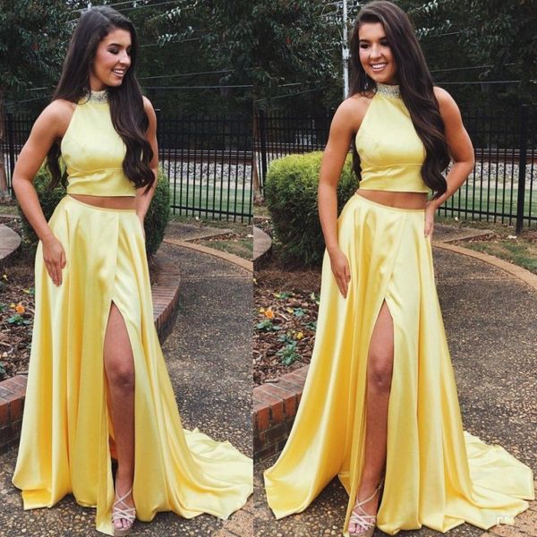 

light yellow halter long prom dresses beads sequins two pieces dresses evening wear satin front split homecoming dress, Black