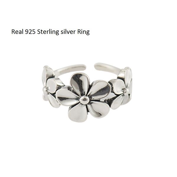 

real 925 sterling silver jewelry wedding rings flower pattern vintage style antique silver hand-made designer band rings open size, Golden;silver